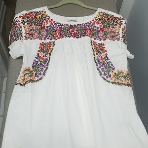 Madewell White Peasant Blouse with Multicolor Floral Embroidery